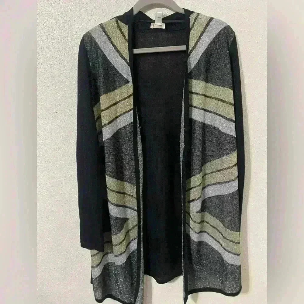Chicos Light Weight Cardigan Size 1 (US M)Very Pretty Black, Gold & Silver